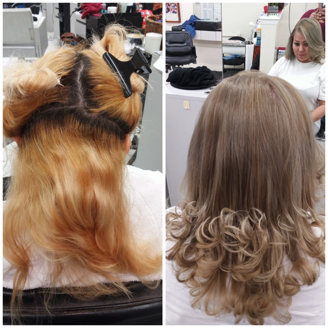 A collage of photos showing before and after shots of a woman receiving hair design